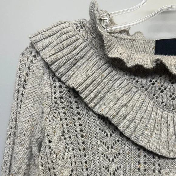 Cynthia Rowley Wool Blend Cream Ruffled Collared Cable-Knit Sweater - Picture 3 of 6